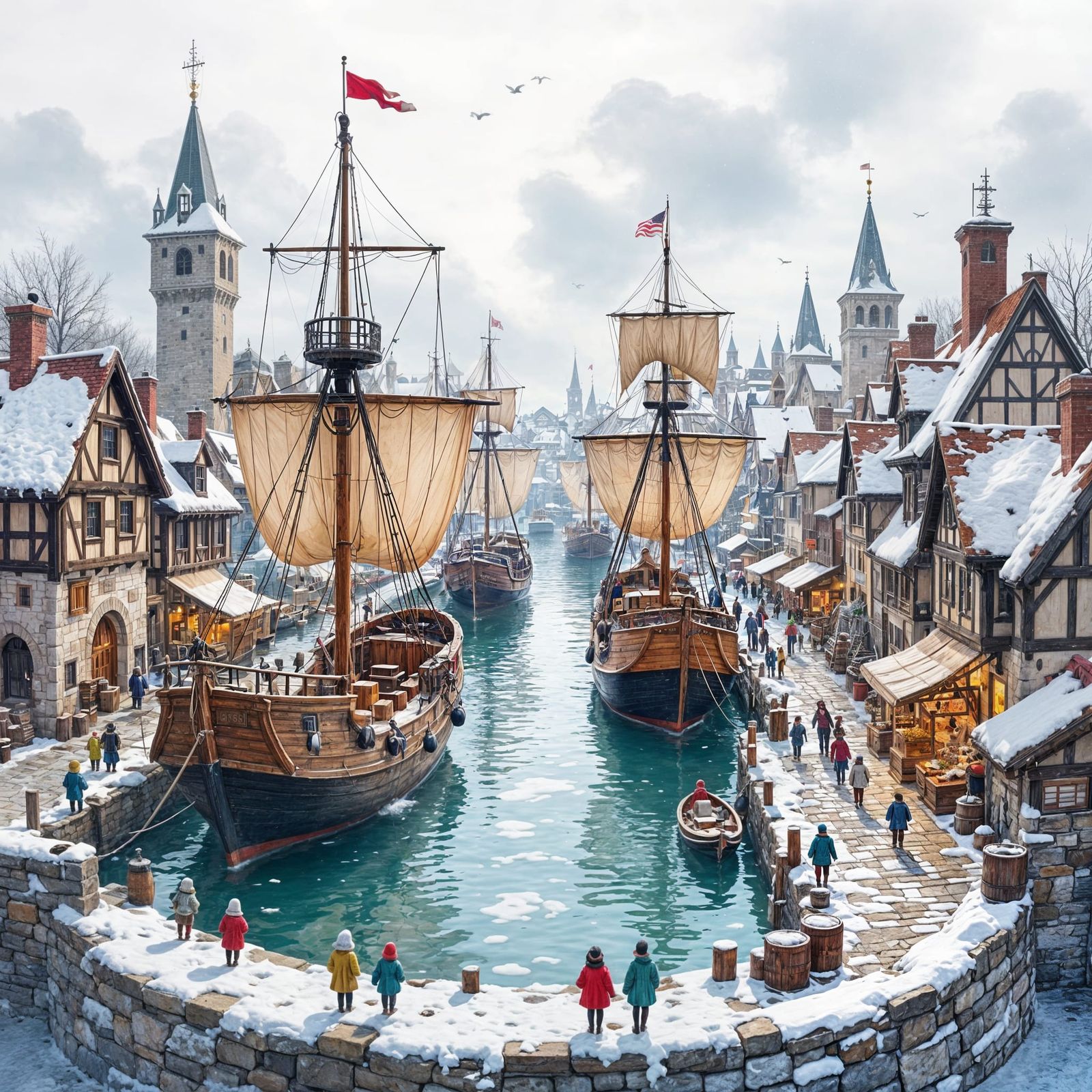 Medieval Harbor Town in Snow Globe