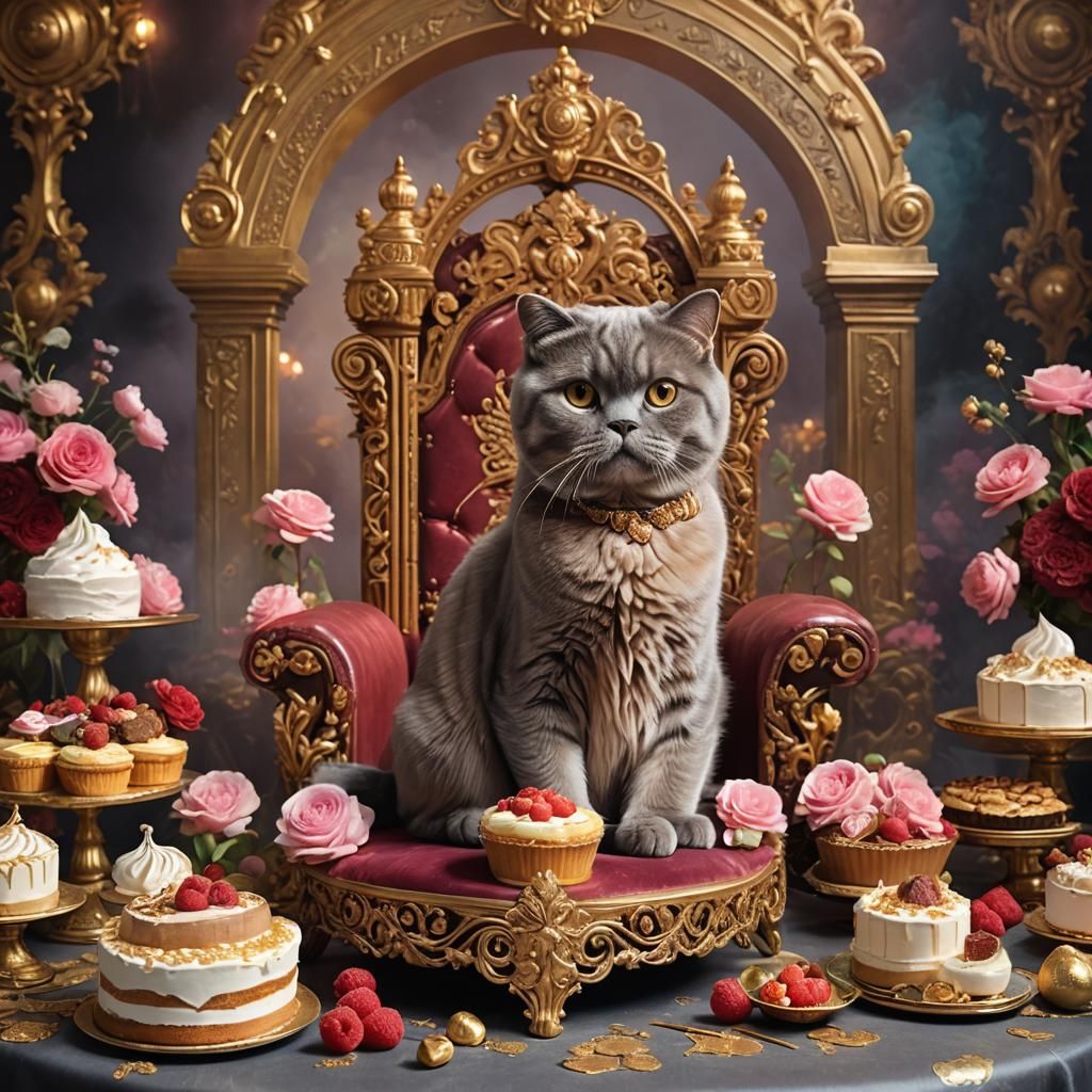 Scottish Fold Cat on Throne with Chocolate Cake