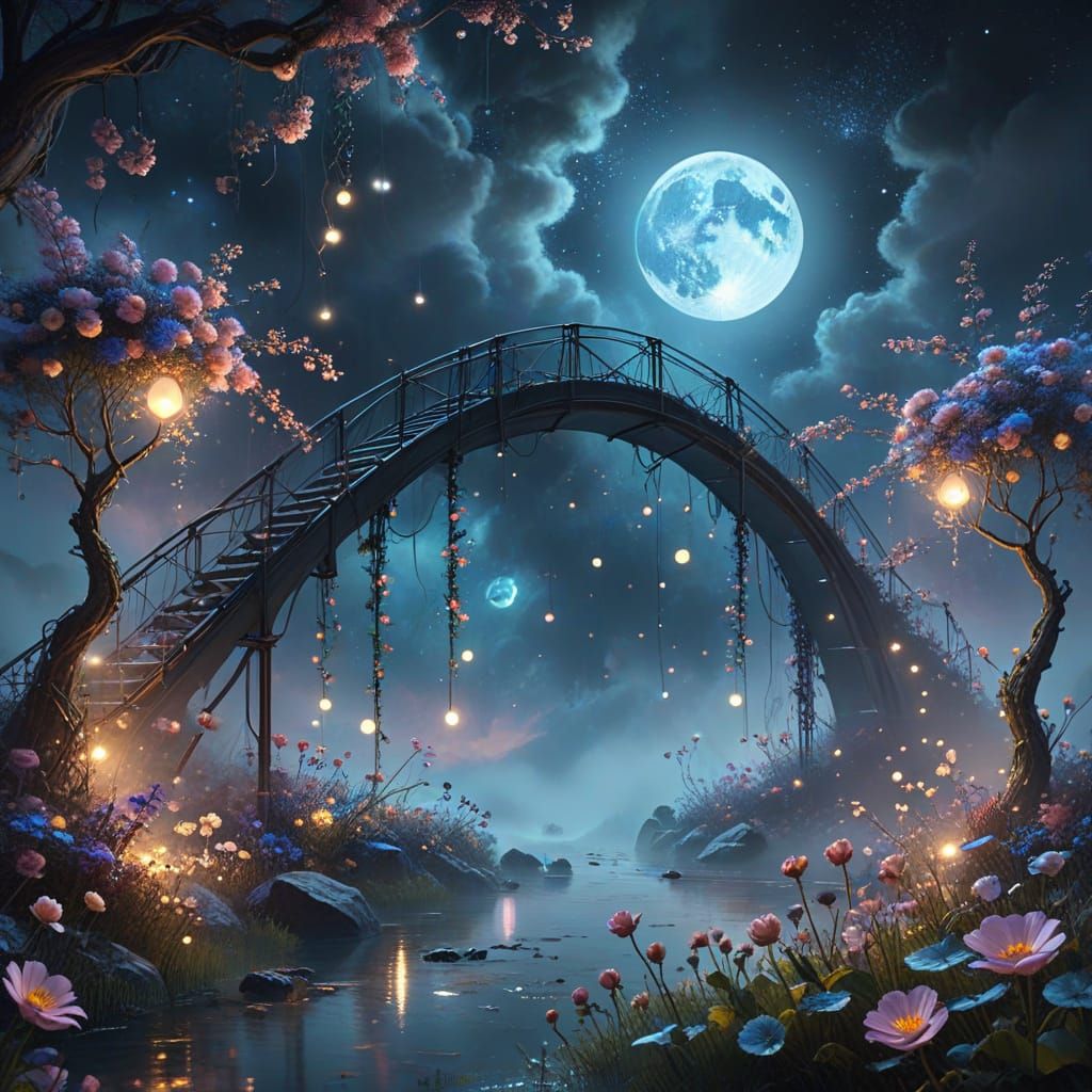 Surreal Suspended Moons Bridge in Pastel Mist