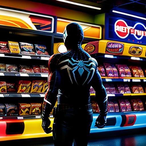 Symbiote Spider-Man in Toy Store, Cinematic Hyperphotorealis...