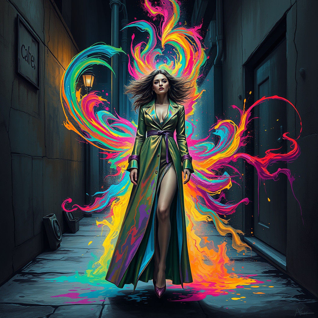 Woman in Iridescent Coat in Urban Alleyway