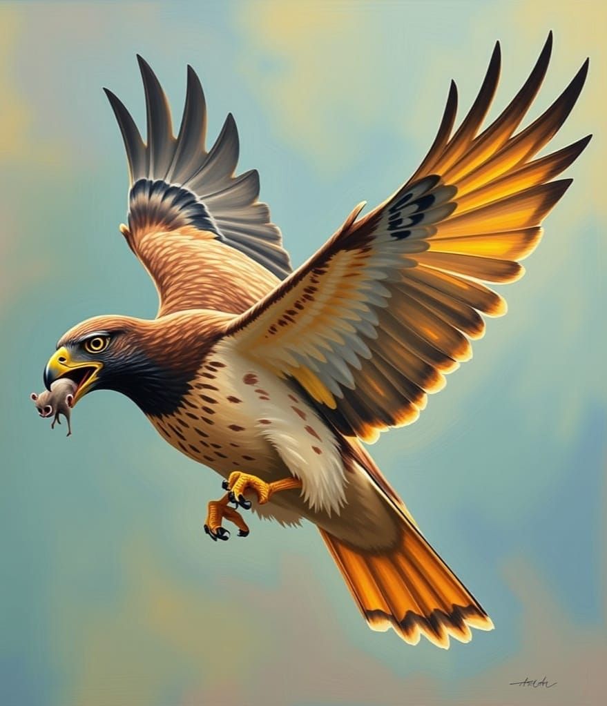 Majestic Hawk in Flight with Captive Mouse