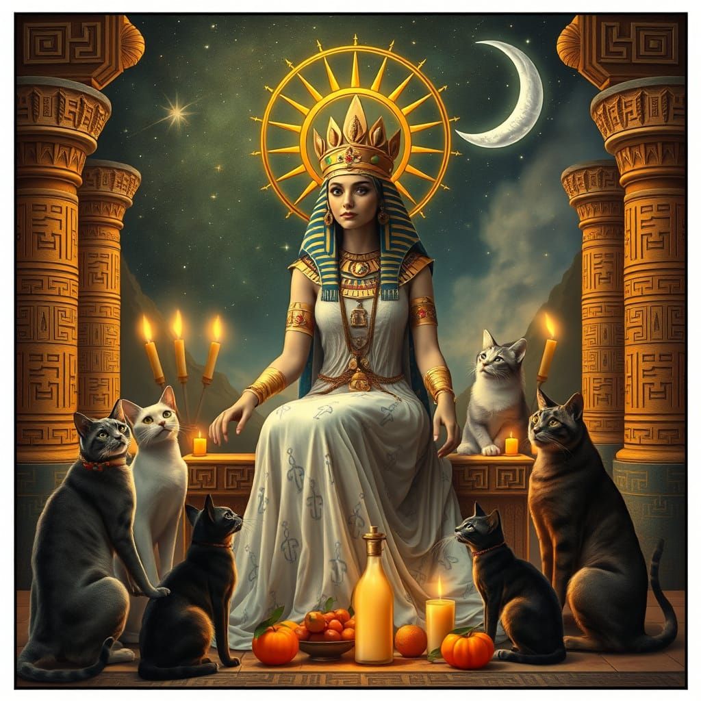 Bastet on Lioness Throne in Art Nouveau Celestial Temple