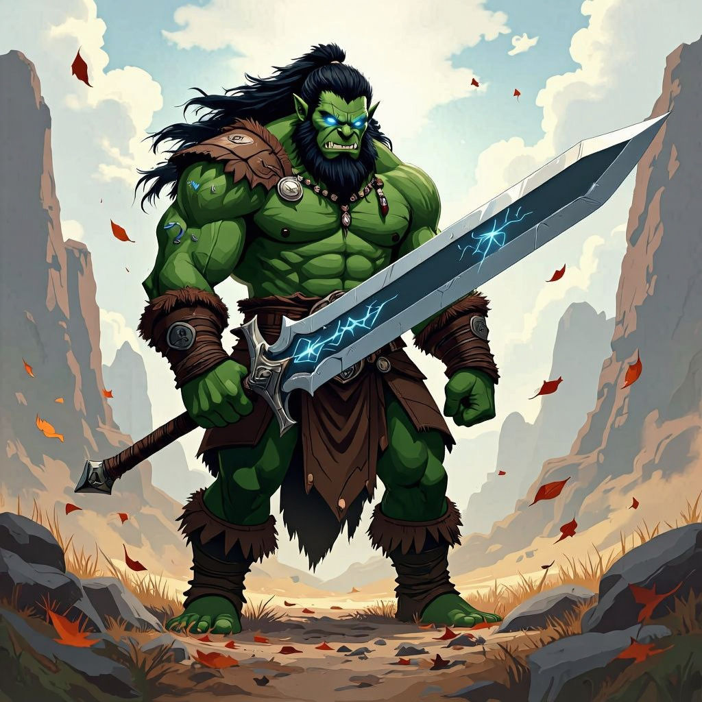 Imposing Half-Orc Warrior with Glowing Fury, Anime Style