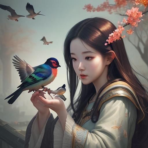 Ju Jingyi Feeding Birds: Hyperrealistic Splash Art