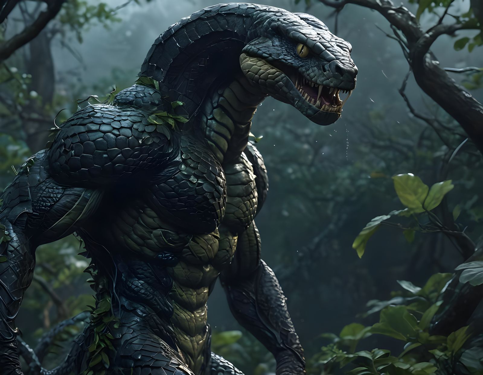 Muscular Snake Creature in Thunderstorm, Hyperdetailed Horro...