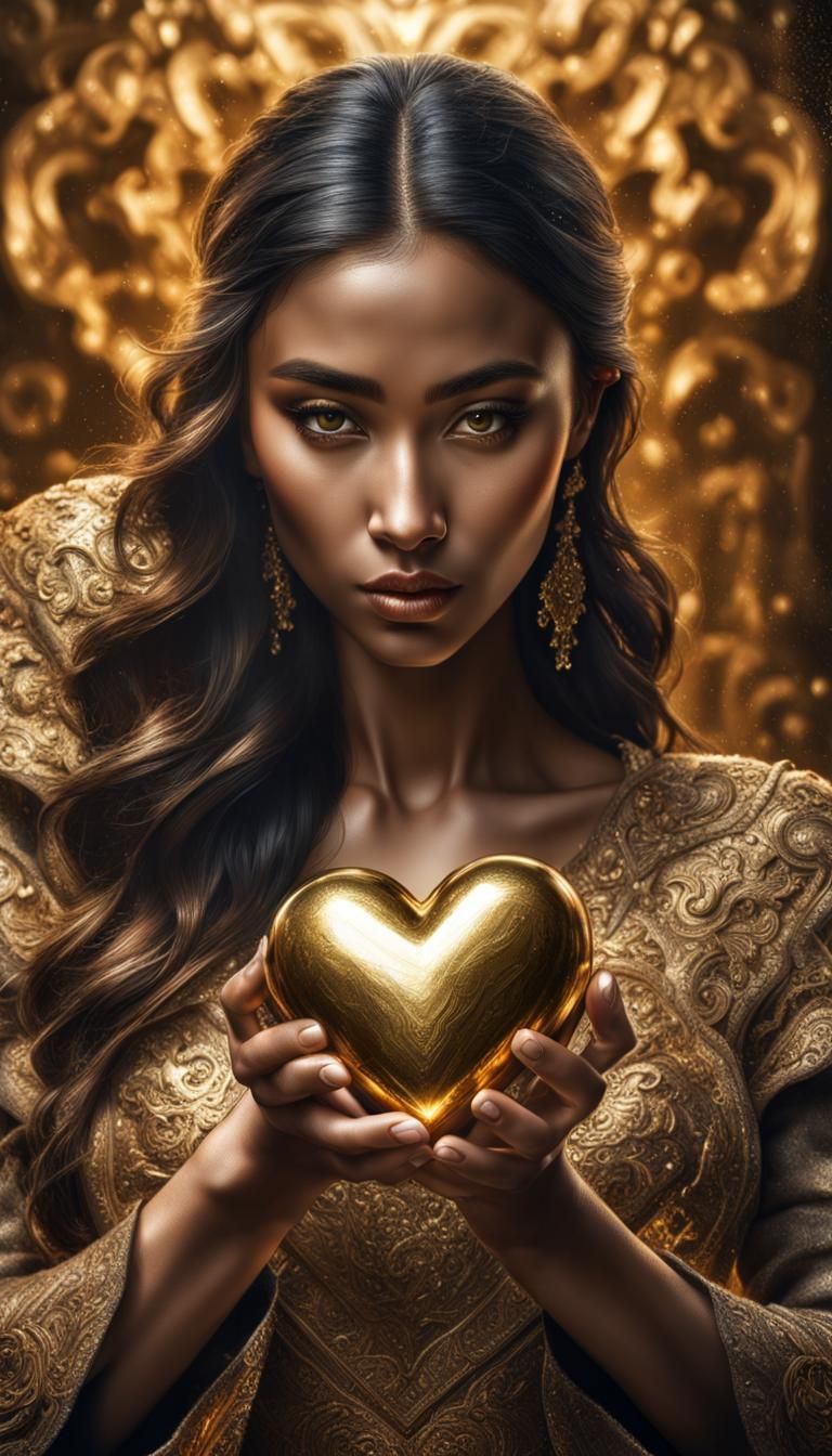 Gold Heart in Hands: Hyperrealistic Concept Art
