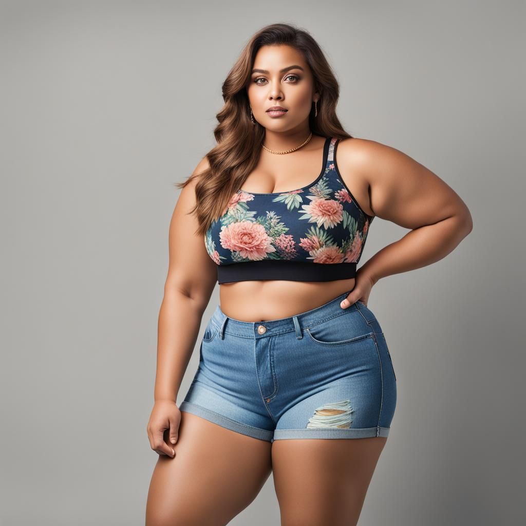 Photorealistic Curvy Woman in Crop Top and Shorts