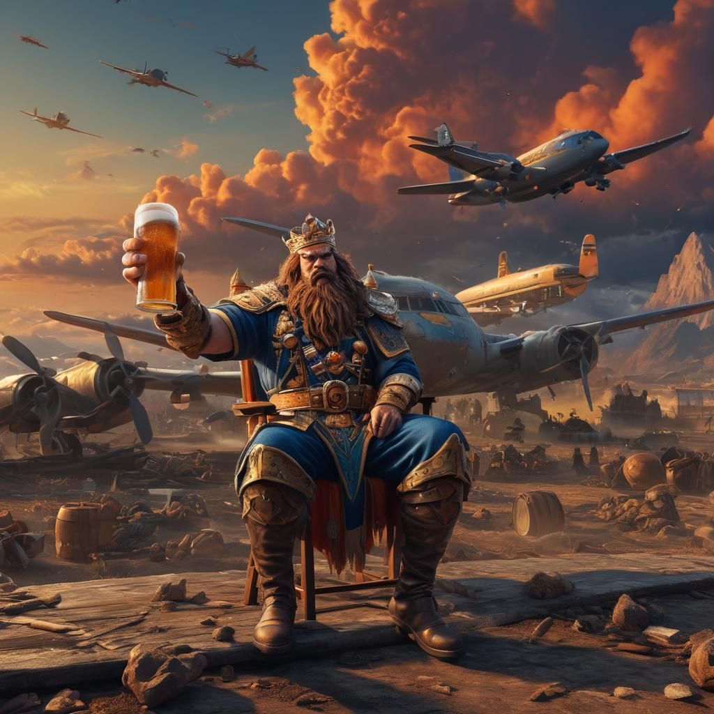 Angry King Drinks Beer in War Zone: Digital Art