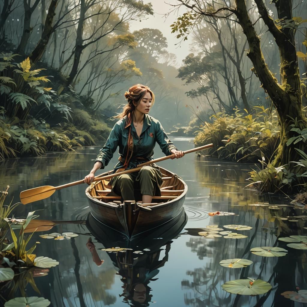 Winter Riverscape with Woman in Boat, Art Brut Style