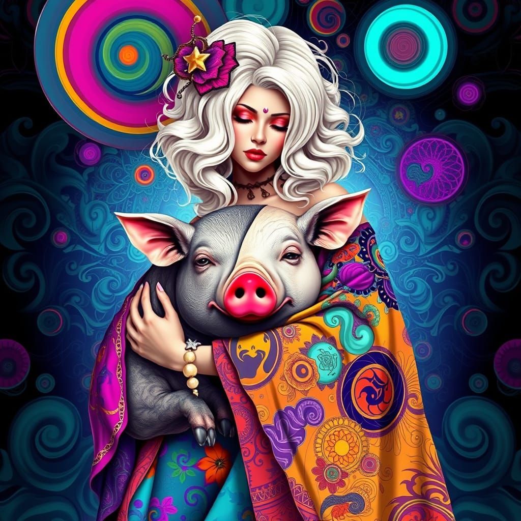 Madame Magma Embraces Pig Man in Kaleidoscopic Style
