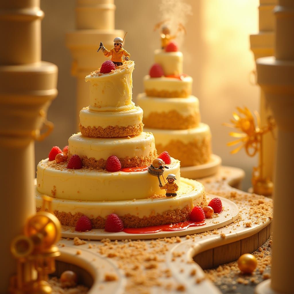 Surreal Cheesecake Citadel in a Miniature Pastry World