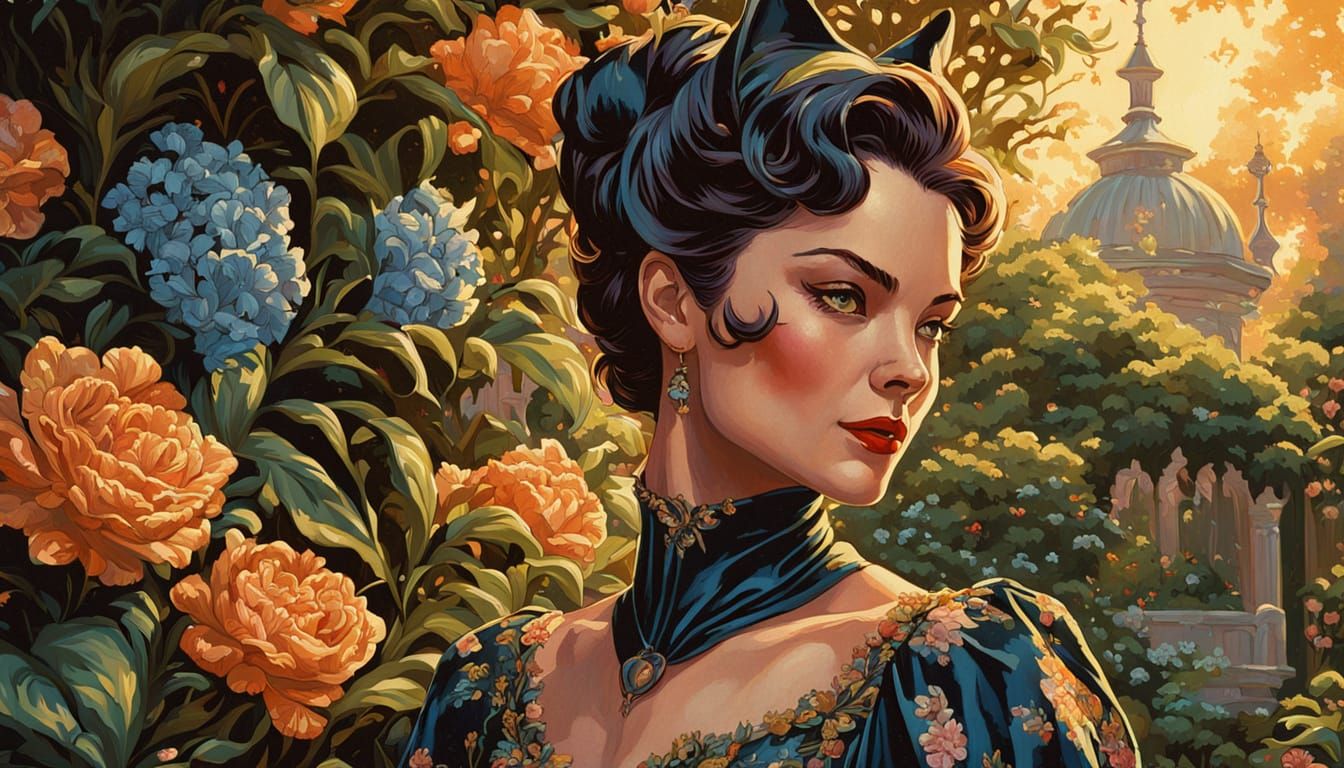 Rococo Catwoman Portrait in Lush Gardens