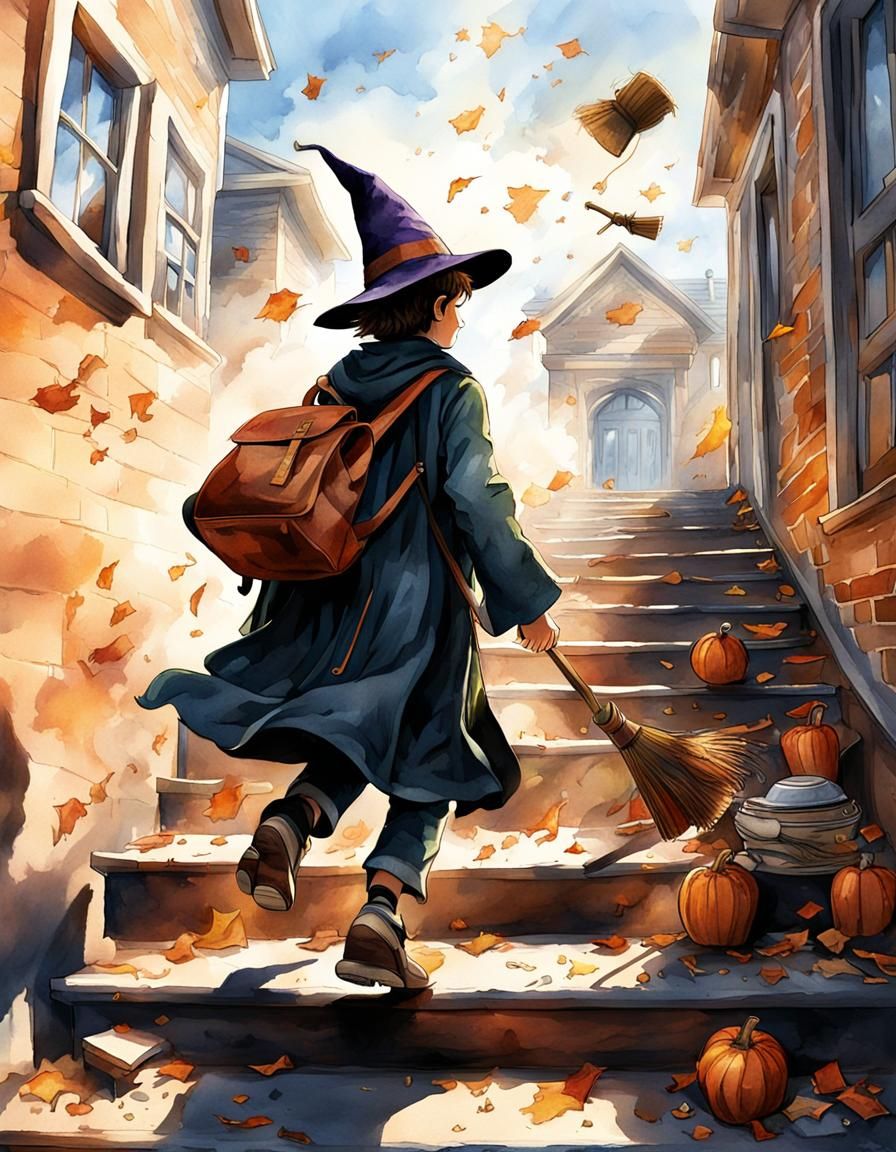 Child Wizard Late to School: Watercolor Digital Art