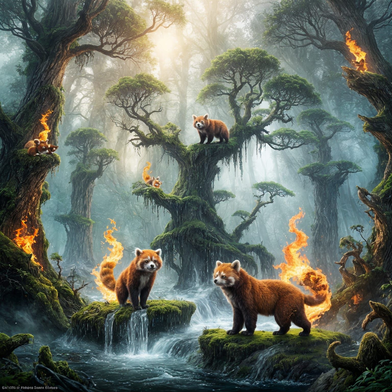 Elemental Red Pandas in Misty Enchanted Forest