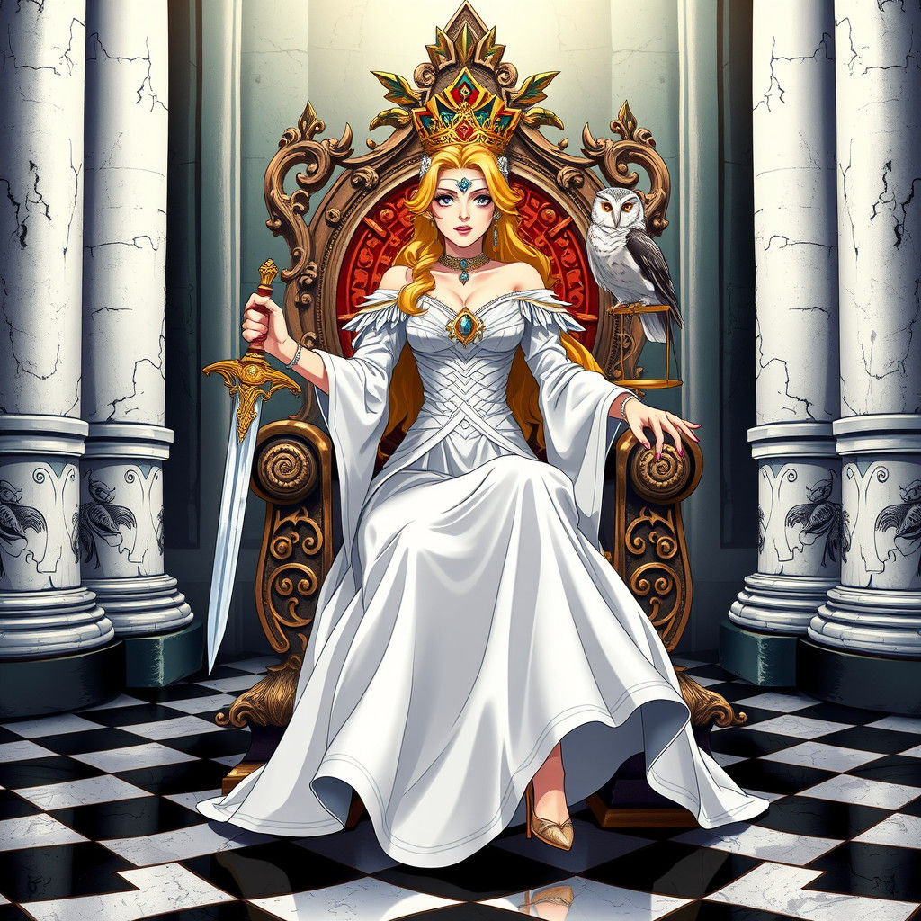 Regal Queen with Sword and Scales, in Manga Style