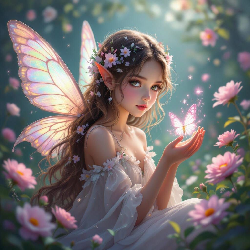 Ethereal Fairy Girl Amidst Pastel Blooms