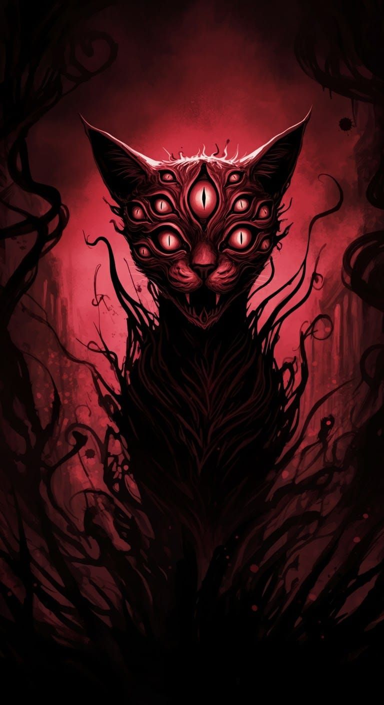 Grotesque Multi-Eyed Cat of Darkness: Dark Fantasy Art