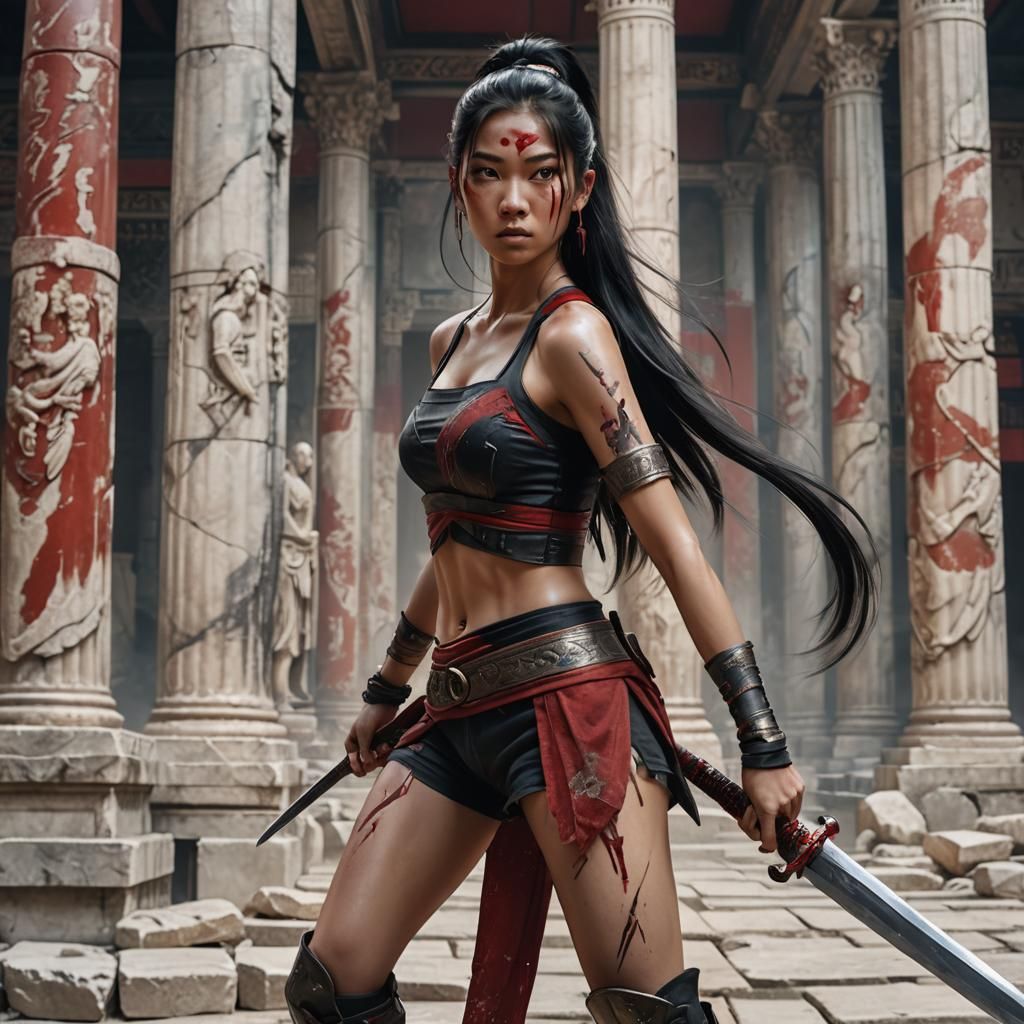 Asian Woman Warrior in Ancient City, Digital Art