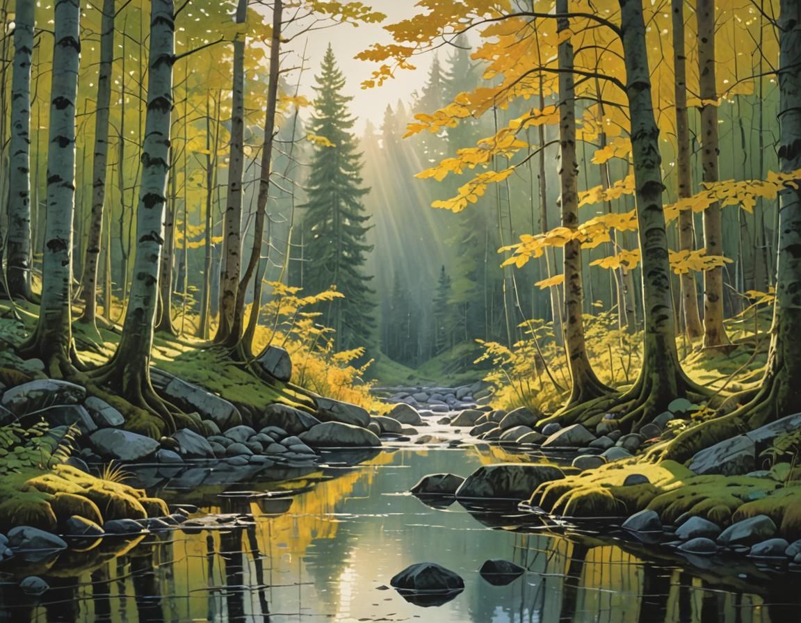 Colorful Landscape Painting with Sunrays