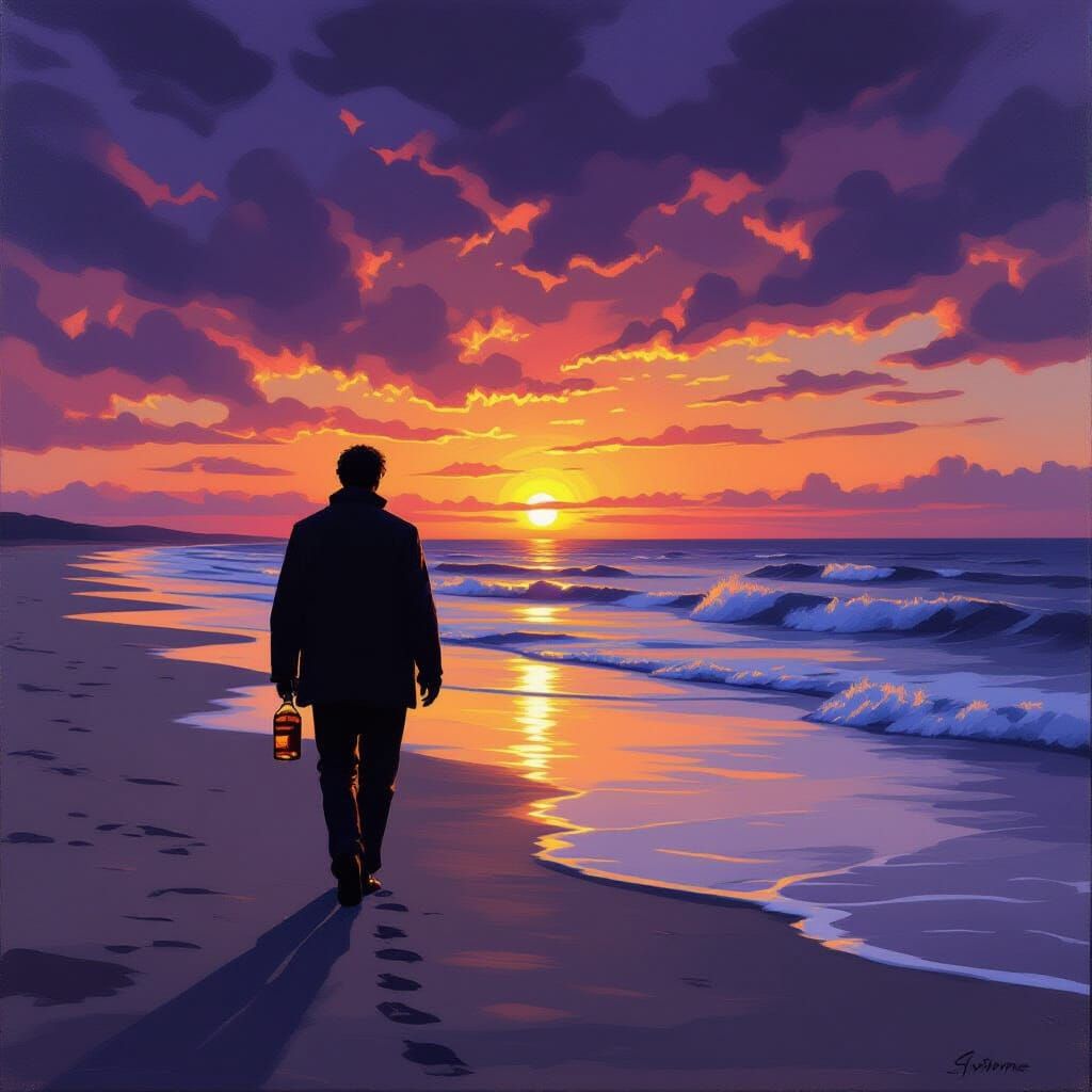 Man Contemplating Dusk on Beach with Whisky