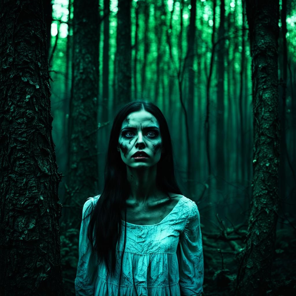 Eerie Beauty: Woman in a Dark Horror Forest