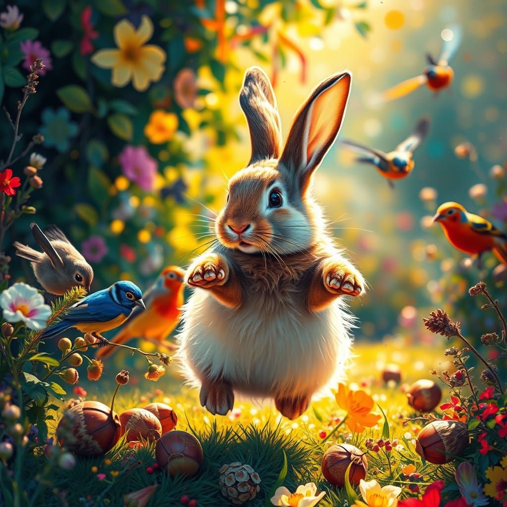 Joyful Rabbit in Sun-Drenched Garden with Birds