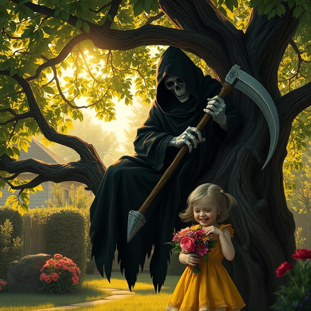Grim Reaper Overlooking Child, Eerie Whimsical Art
