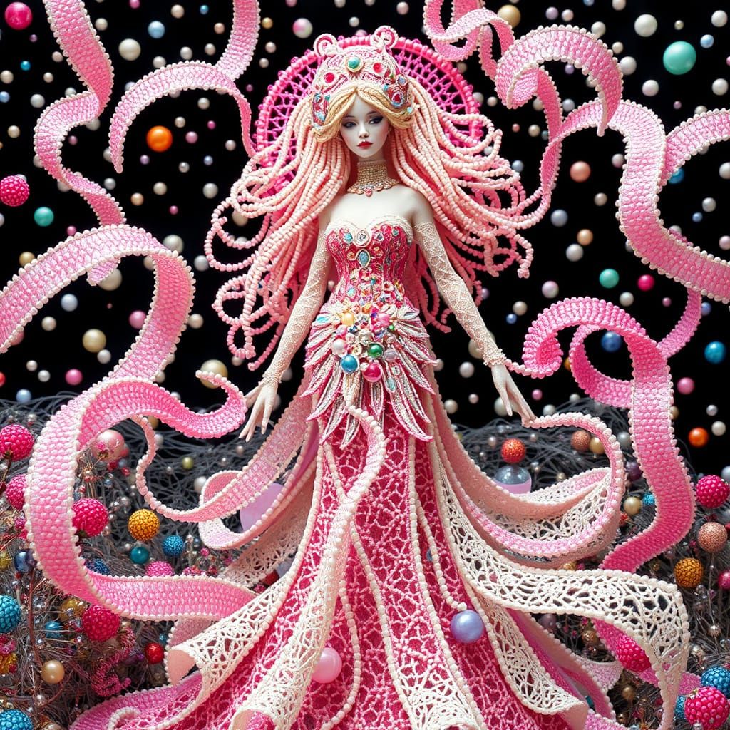 Ethereal Beaded Maiden in Vibrant Polka Dot Landscape