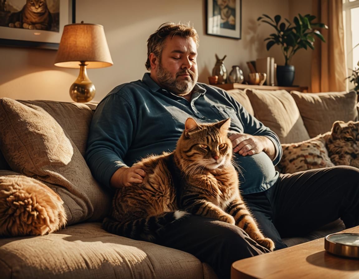 Cozy Home: Man and Cat Sleeping, Photorealistic