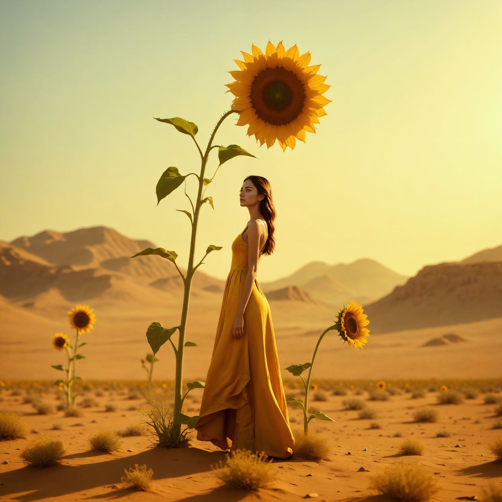 Woman and Sunflower in Desert Landscape: 3D Render
