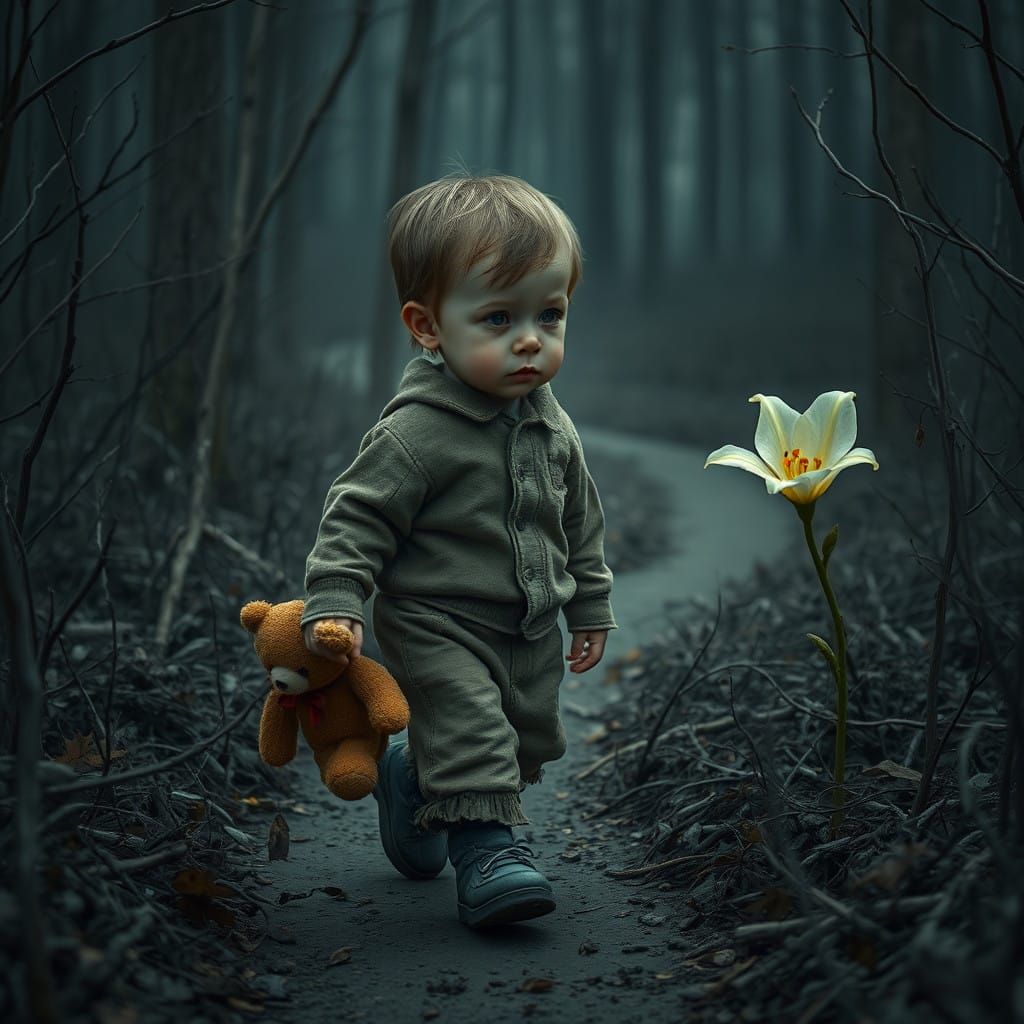 Solemn Child Walks Away into the Mystical Forest