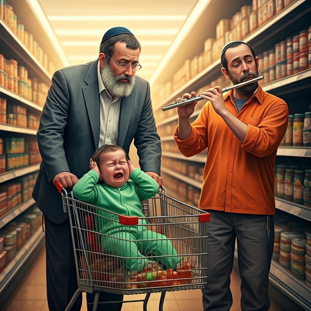 Jewish Father and Baby in Supermarket, Rembrandt Style