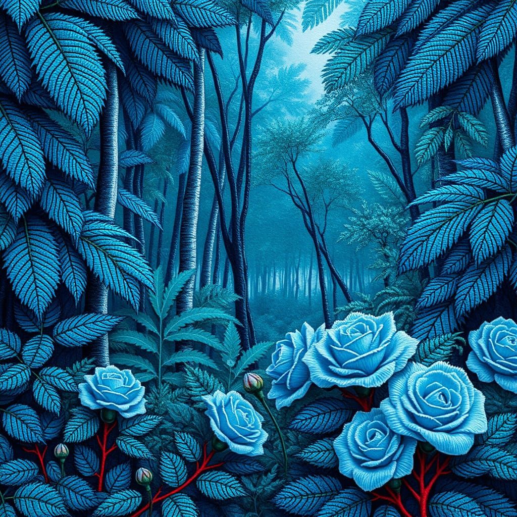 Embroidered Blue Forest with Tropical Leaves and Roses