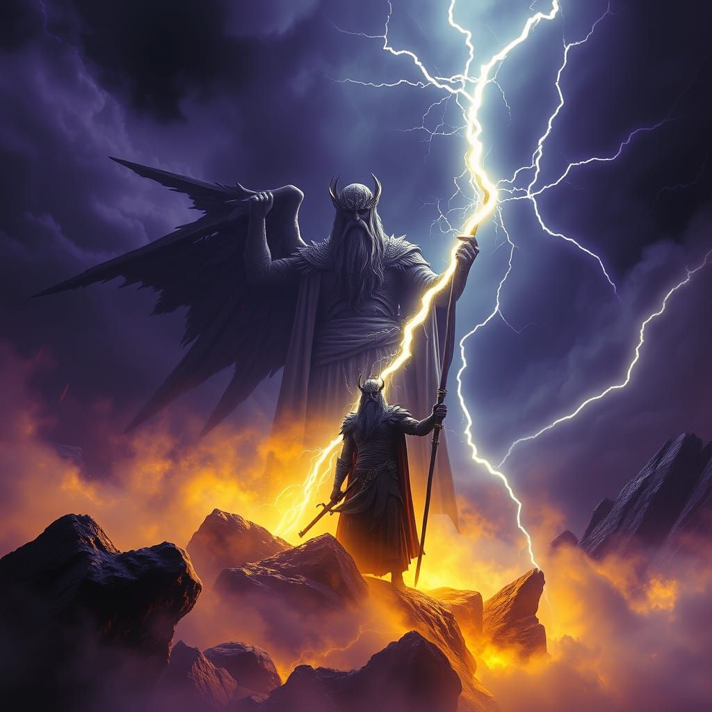 Baltic Thunder God Perkunas in Dark Fantasy Landscape