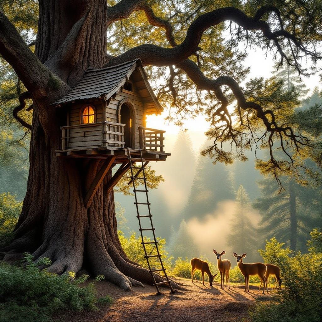 Ancient Treehouse in a Majestic Sequoia, Early Sunrise