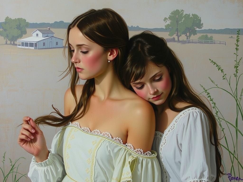 Two Sisters in Elegant White, Classical Painting Style