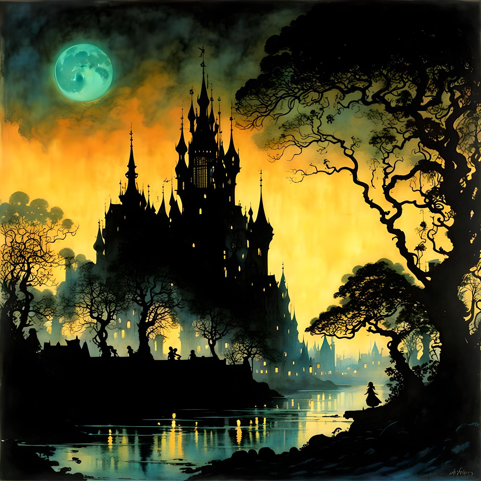 Exquisite fantasy fairy city, neon silhouette, by Arthur Rackham, Edmund Dulac