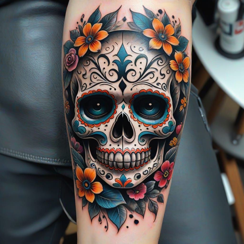 Vibrant Sugar Skull Tattoo with Intricate Floral Patterns