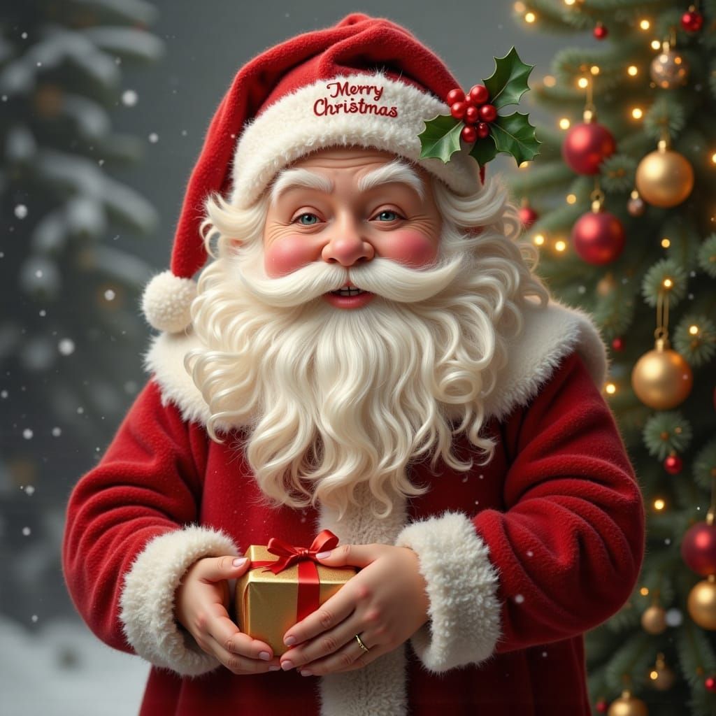 Adorable Santa Claus Holding Gift in Winter Wonderland