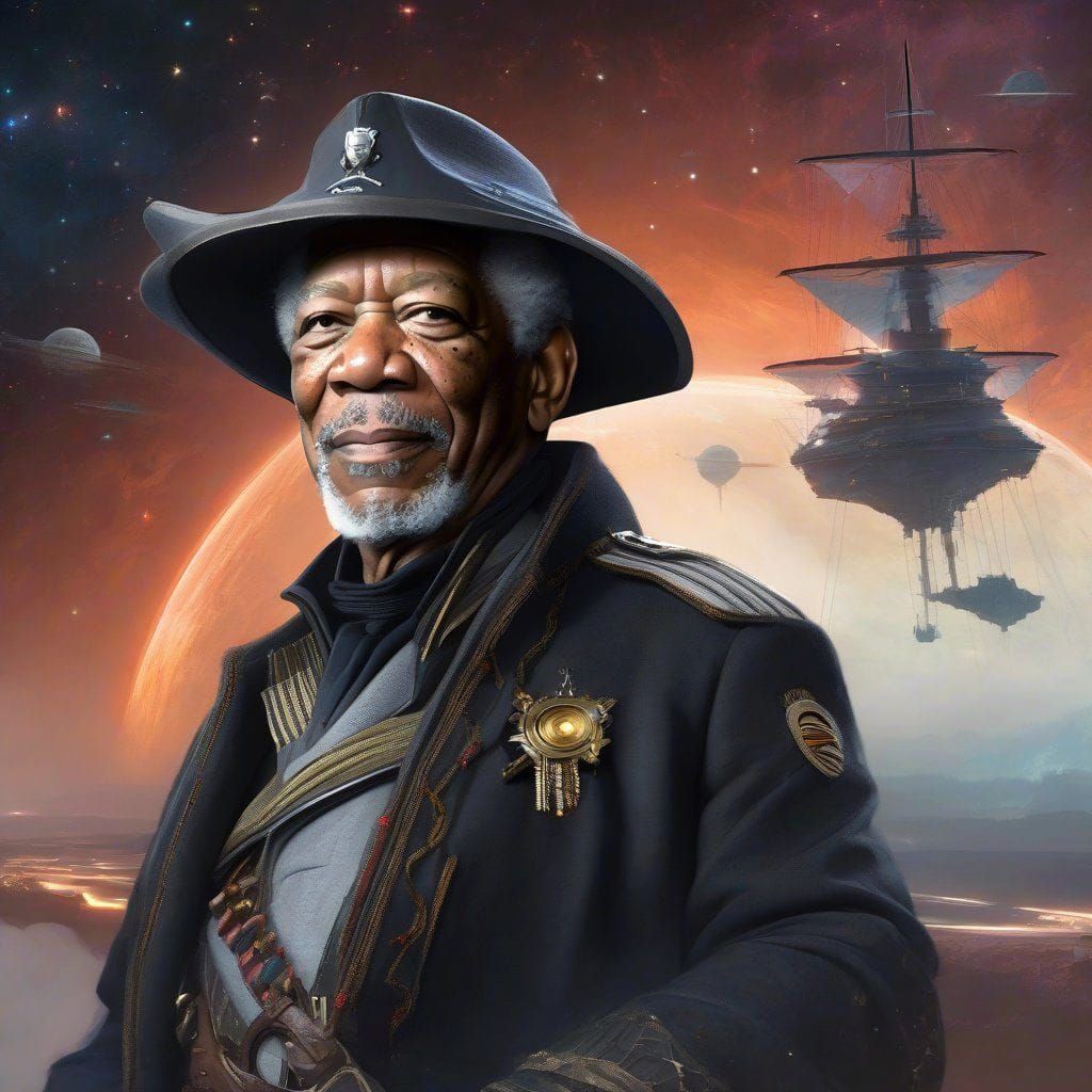 Portrait of Morgan Freeman as Space Pirate from disney movie "Pirates of the space".  Intricate _details. Elaborate back...