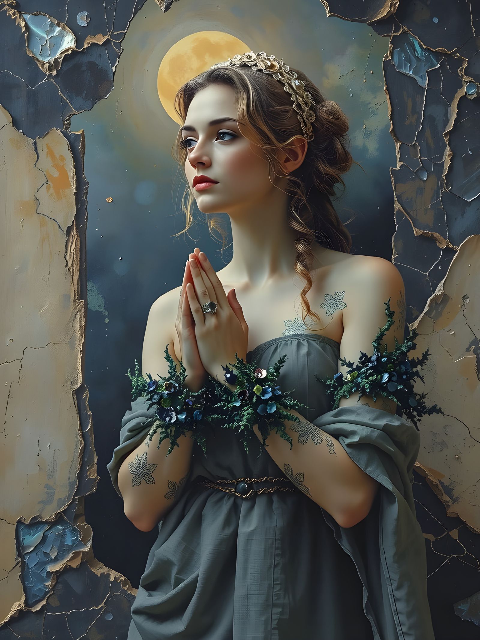 Slavic Maiden Transformed by Stormy Light in Ancient Ruins