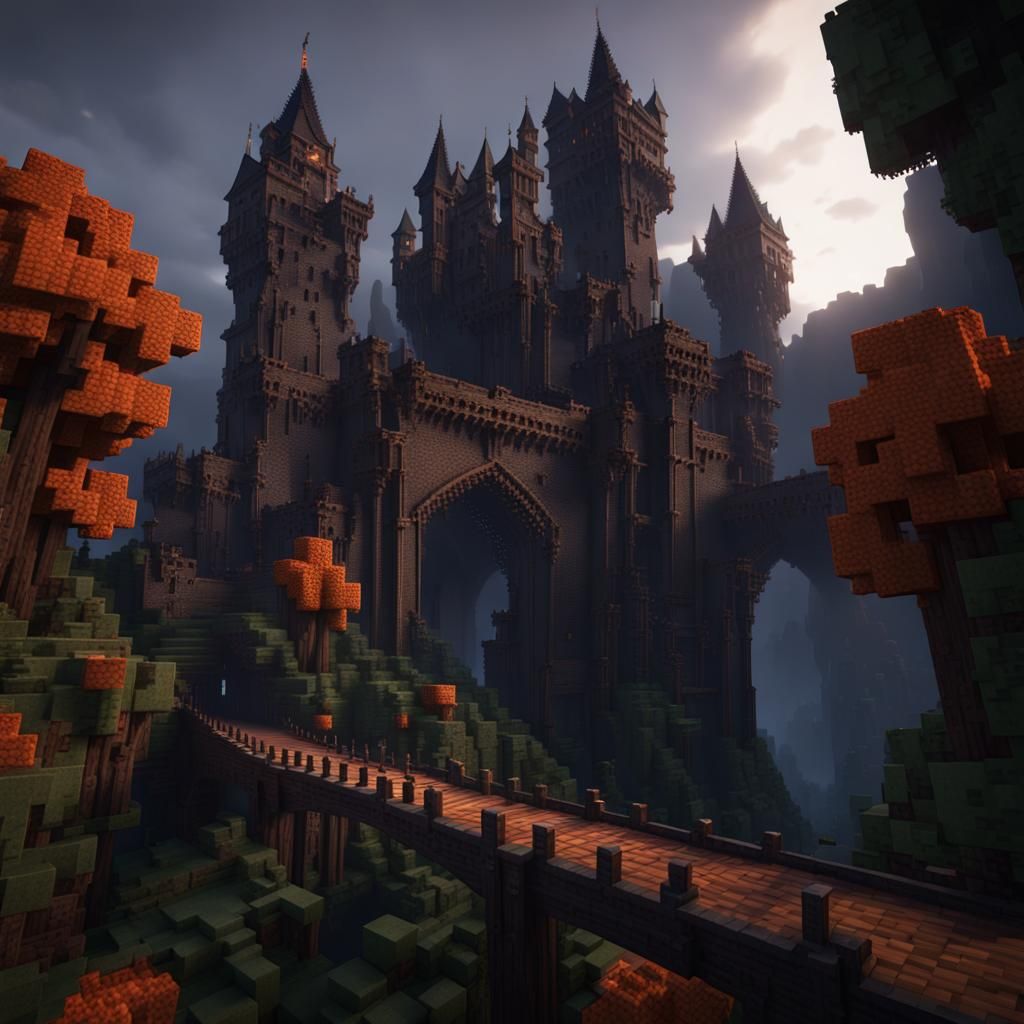 Ethereal Blackstone Castle Towers Rise Above Dark Bridges in...