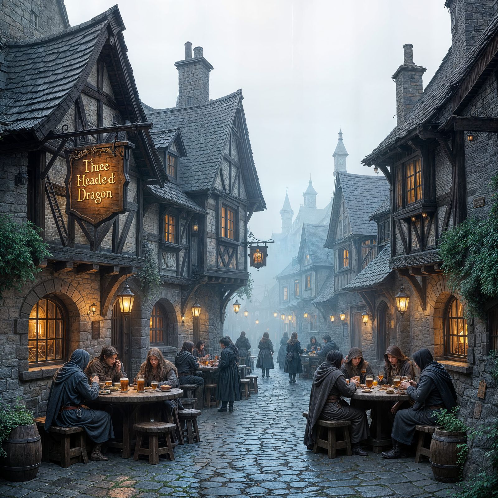Medieval Taverns Rise from Misty Foggy Cobblestone Alley