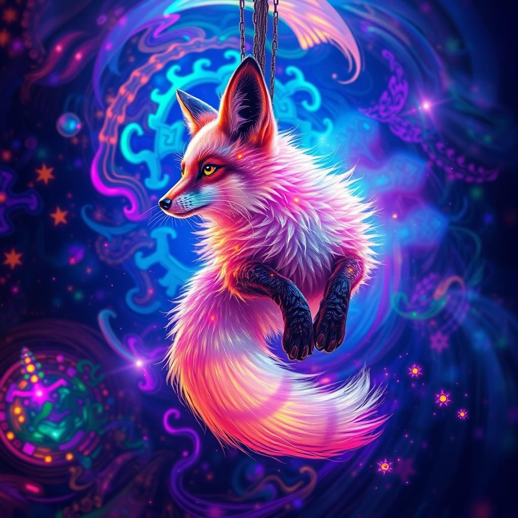 Psychedelic iridescent fox kitsune kaleidoscopic hallucinati...