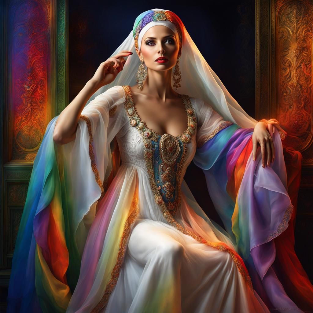 Glamorous Lady in Flowing Rainbow Gown