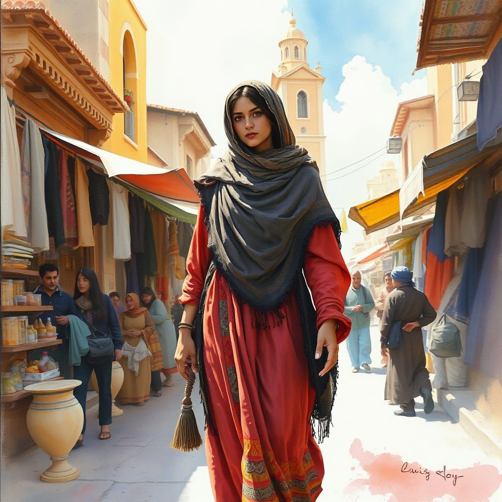 an arabic woman walks down a marketplace in a fantastical fantasy of Afghanistan
