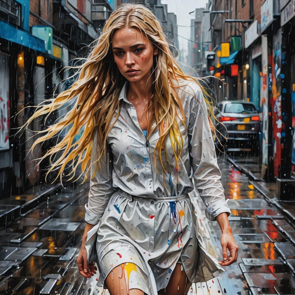 Vibrant Street Art of Woman in Rain