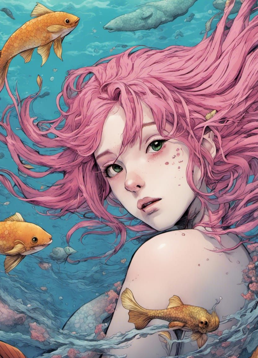 Terrified Mermaids in Manga Style with Vivid Colors