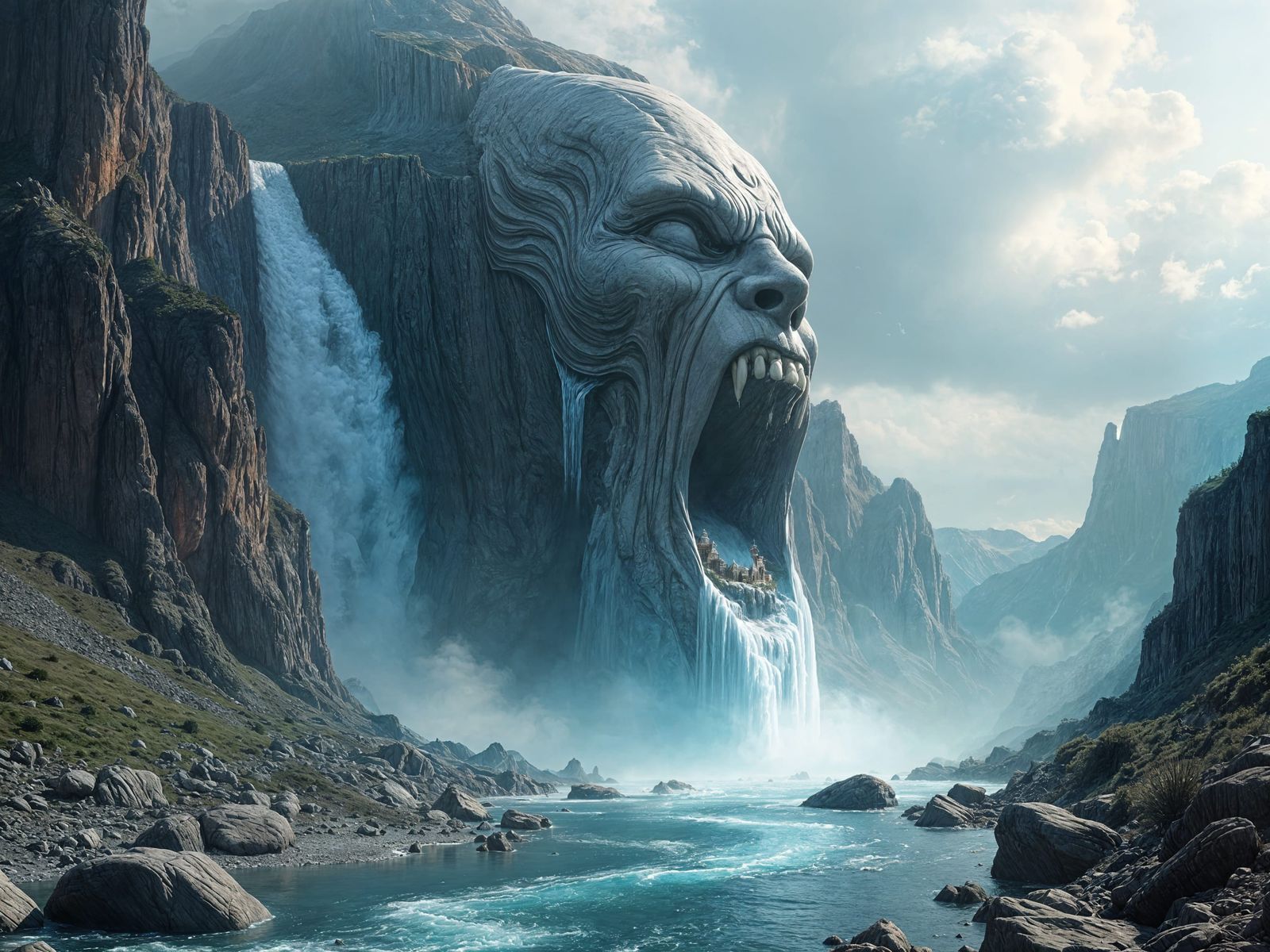 Epic Mountain Face Carved with Water Cascade